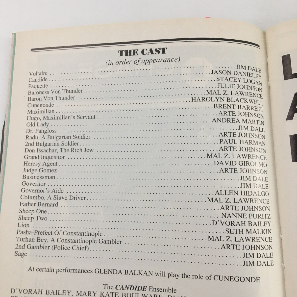 Cast listing page of the 1997 Playbill for 'Candide' showcasing the performers and their roles.