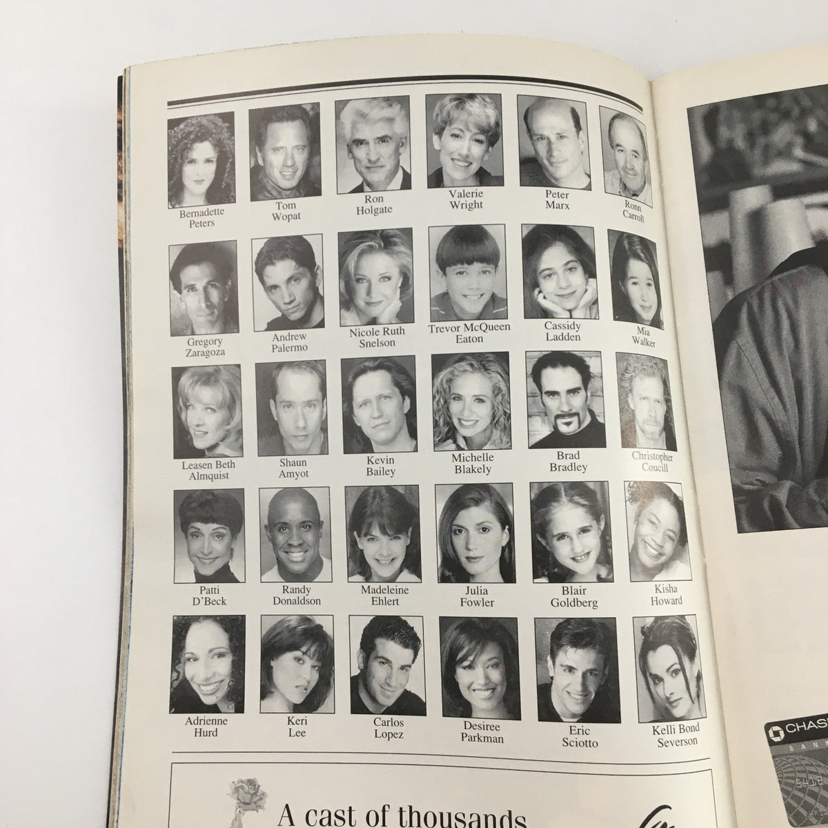 The actor headshot page from the 1999 Playbill for 'Annie Get Your Gun', featuring portraits of the cast, including Tom Wopat and Valerie Wright.