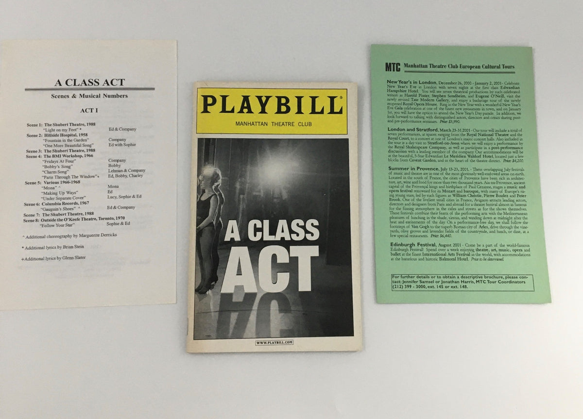 2000 Playbill 'A Class Act' from the Manhattan Theatre Club, opened to reveal the playbill and additional information papers.
