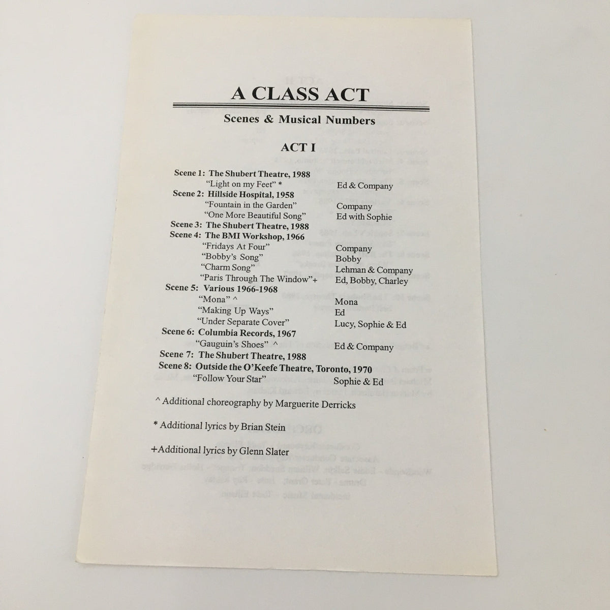 Inside page of the 2000 Playbill 'A Class Act' detailing scenes and musical numbers from the show.