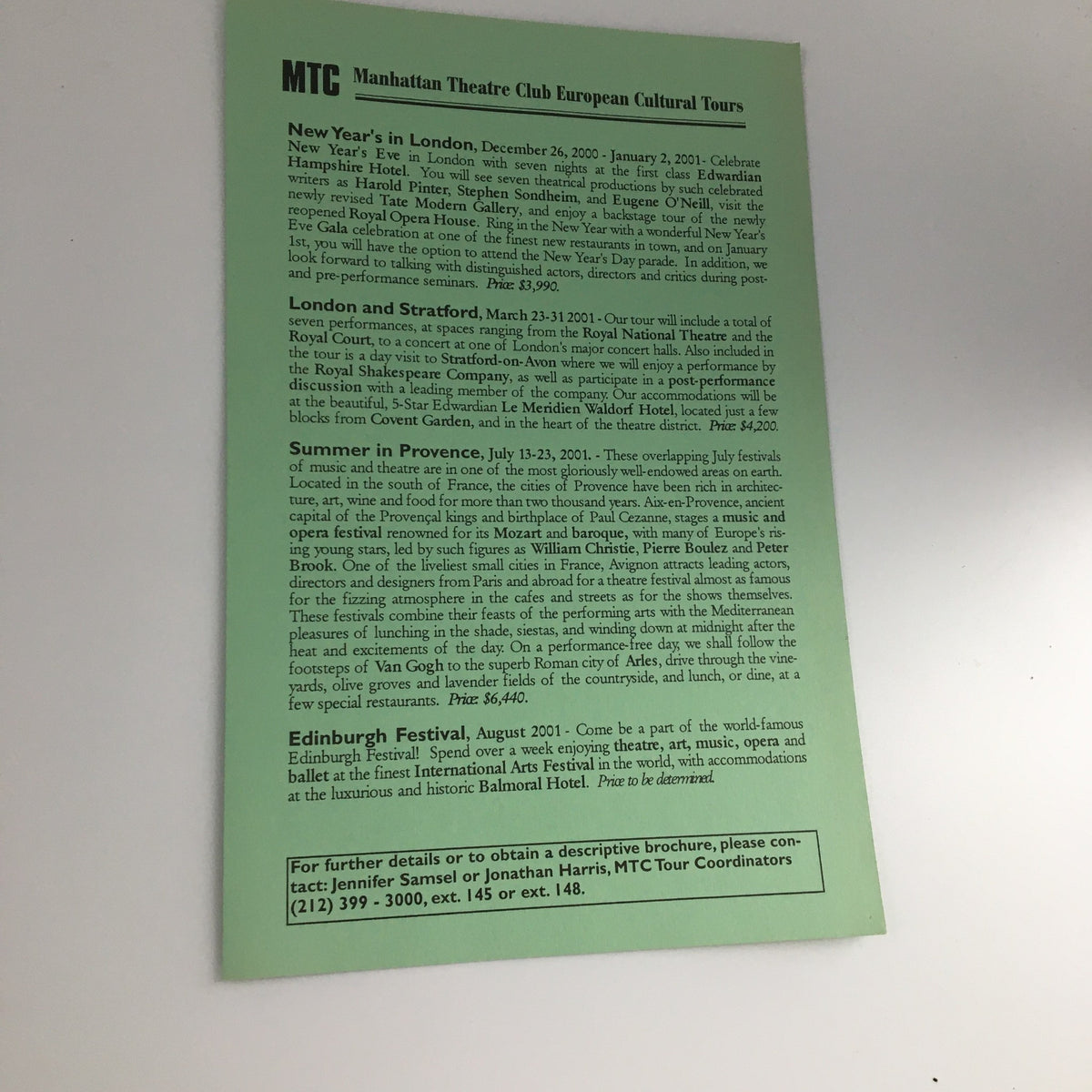Back cover of the 2000 Playbill for 'A Class Act' at Manhattan Theatre Club featuring information on European Cultural Tours.