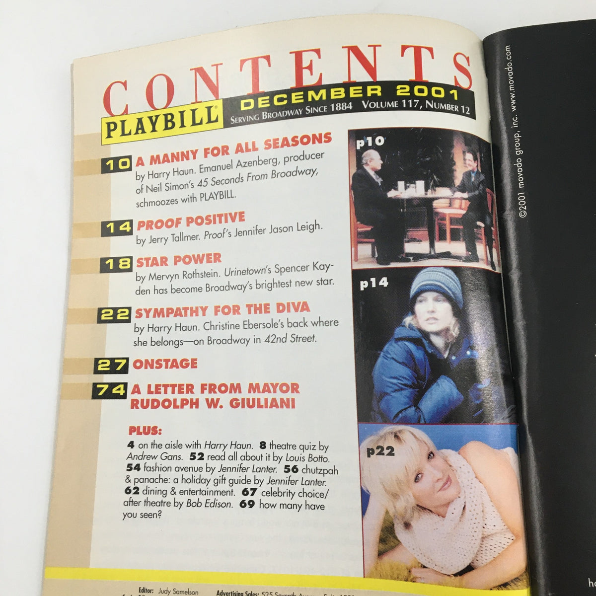 Contents page of the December 2001 Playbill featuring 'Thou Shalt Not' among other Broadway shows.