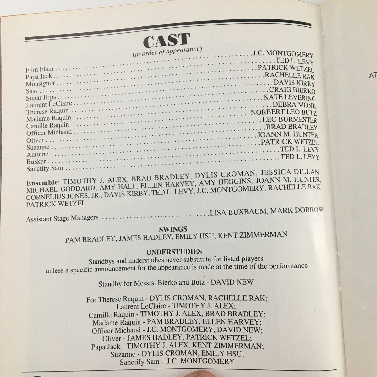 Cast list page from the 2001 Playbill for 'Thou Shalt Not,' detailing main roles and underlying performers.