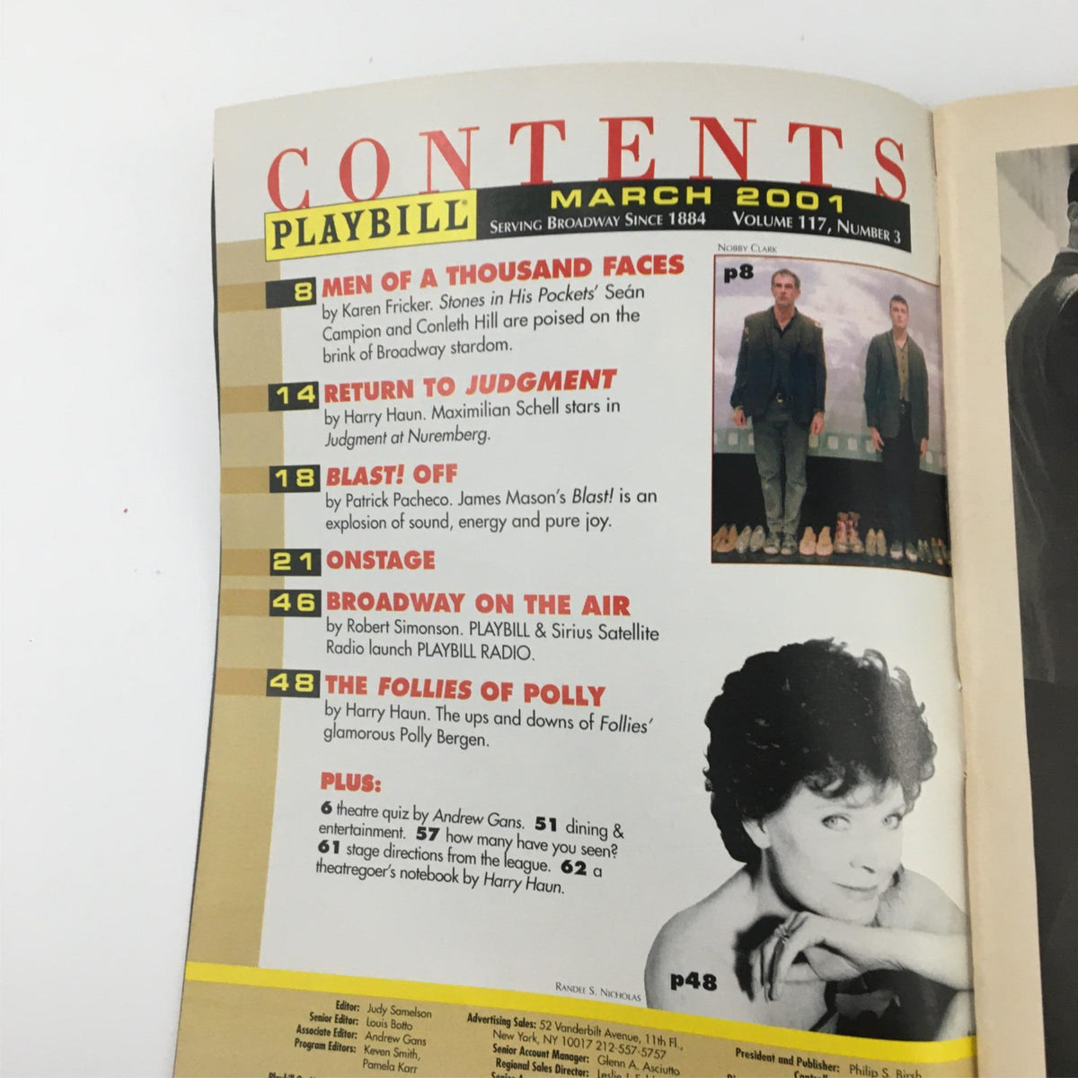 Contents page of the 2001 Playbill for Annie Get Your Gun, showcasing articles and highlights from March 2001 theater performances.