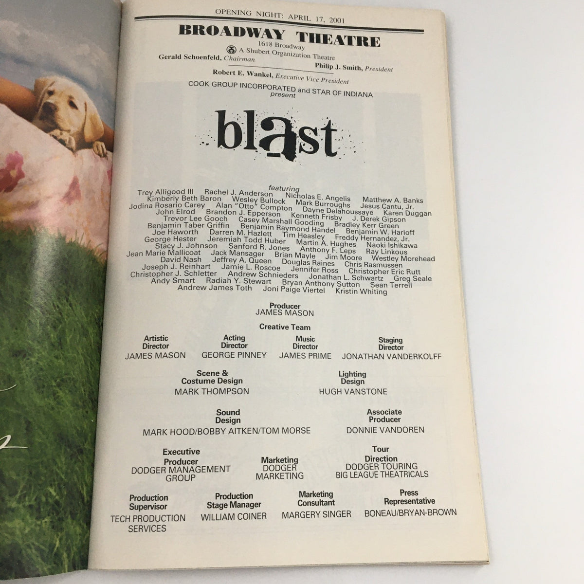 Opening night page of the 2001 Playbill for 'Blast,' listing the cast and production details from April 17, 2001.