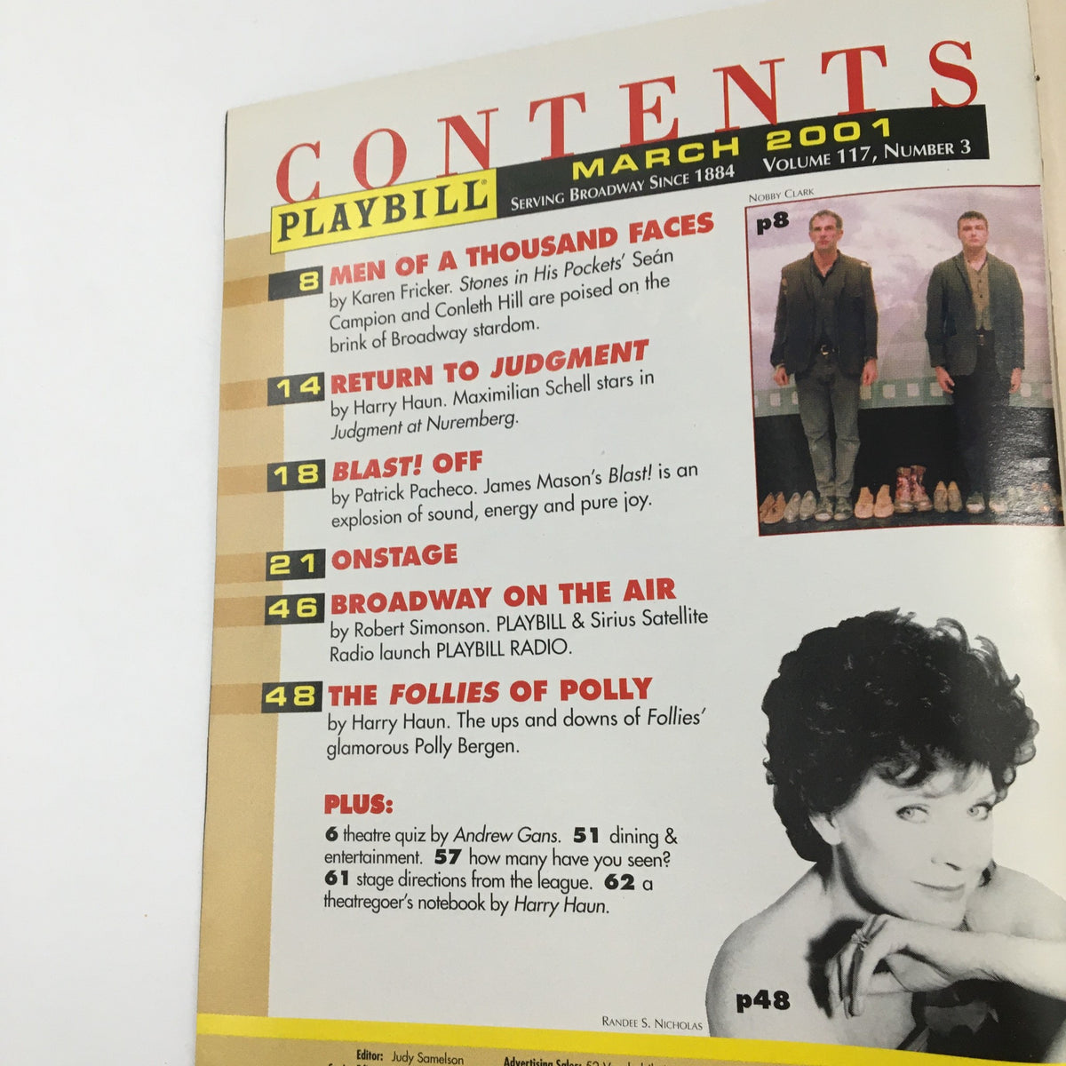 2001 Playbill for the York Theatre Company 'Suburb' showcasing the contents page featuring various sections and articles related to theatre performances.