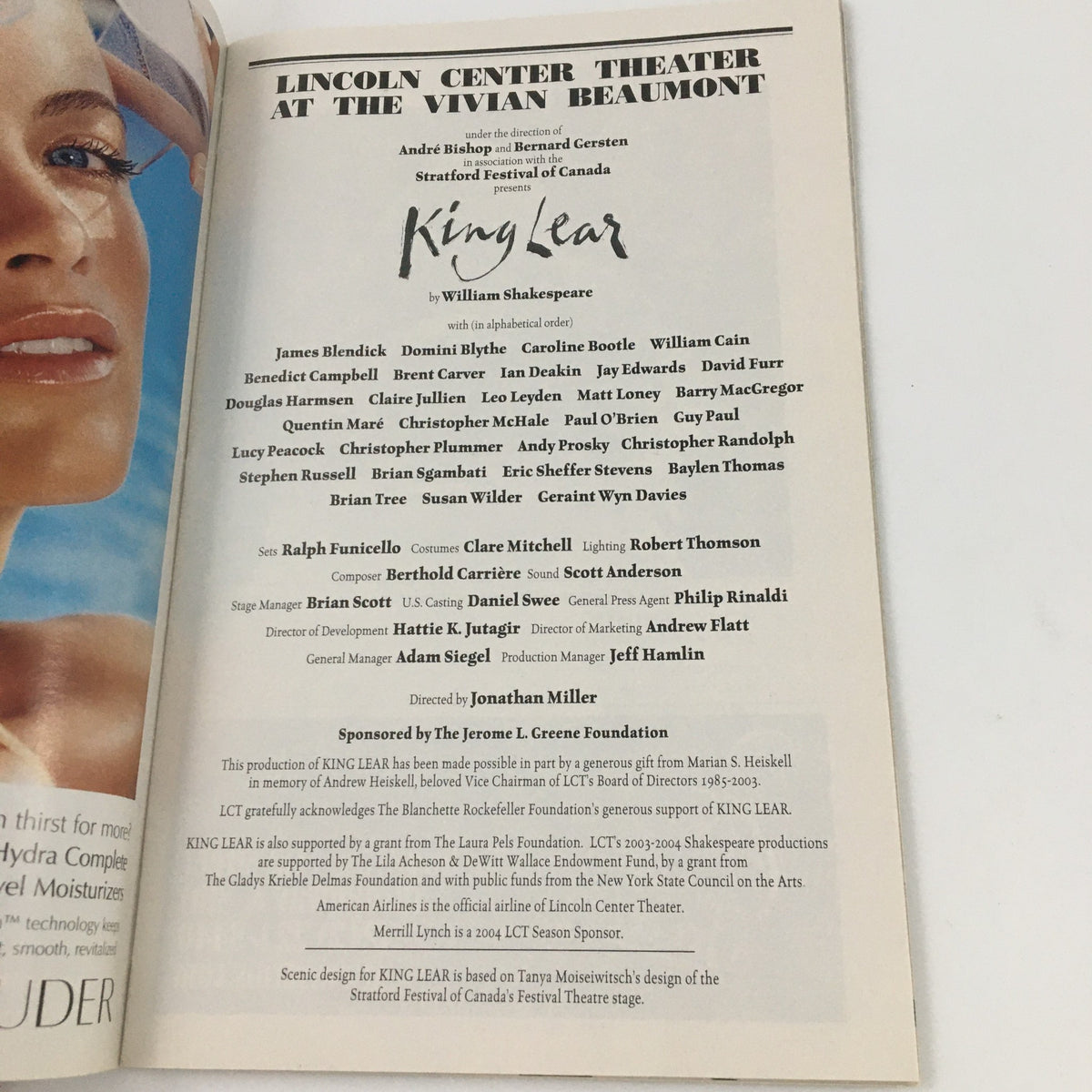 2004 Playbill King Lear - page featuring details about the production of King Lear at Lincoln Center Theater, highlighting the cast and crew involved.