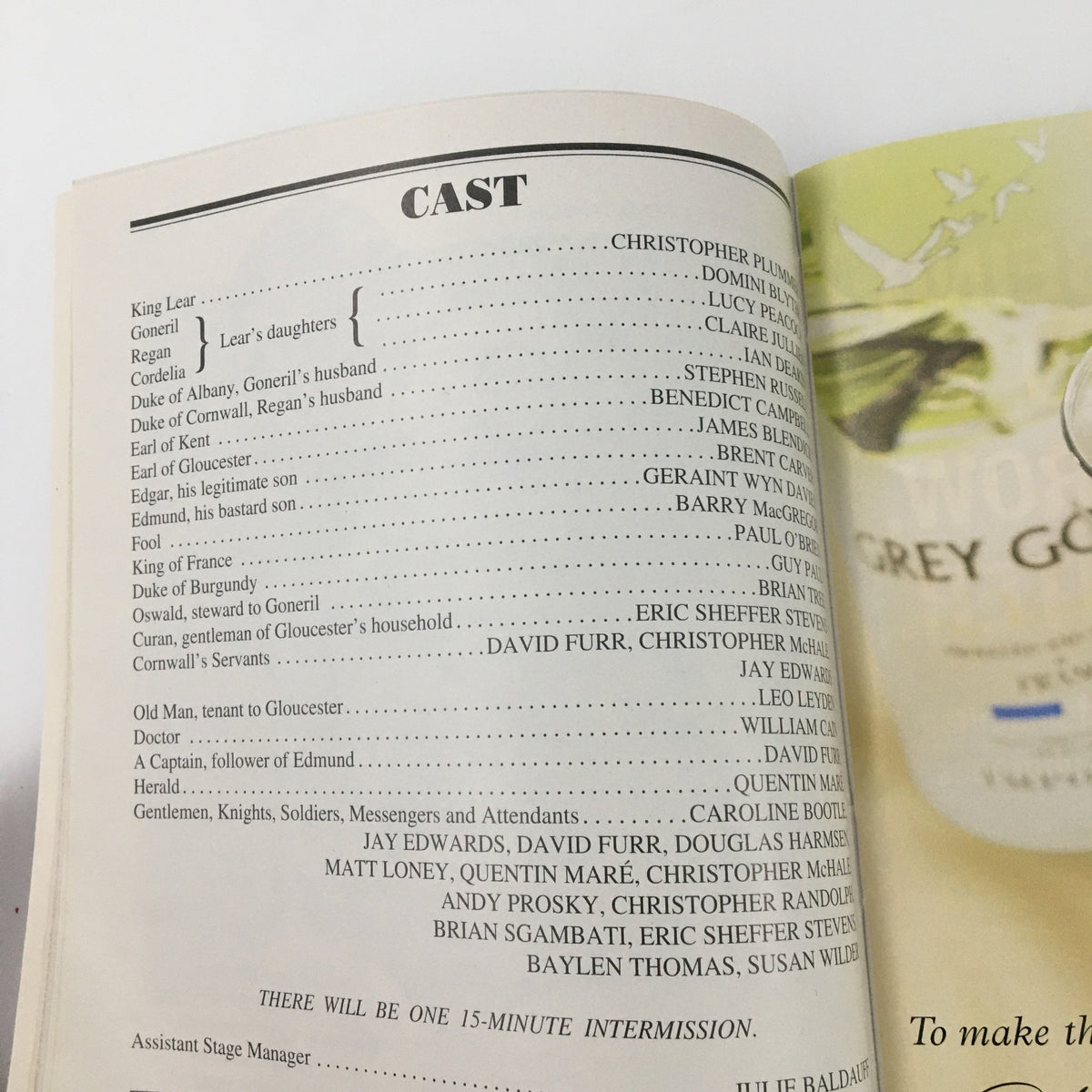 2004 Playbill King Lear - cast page listing the actors and their roles in the production, providing insights into the key characters of Shakespeare's 'King Lear'.