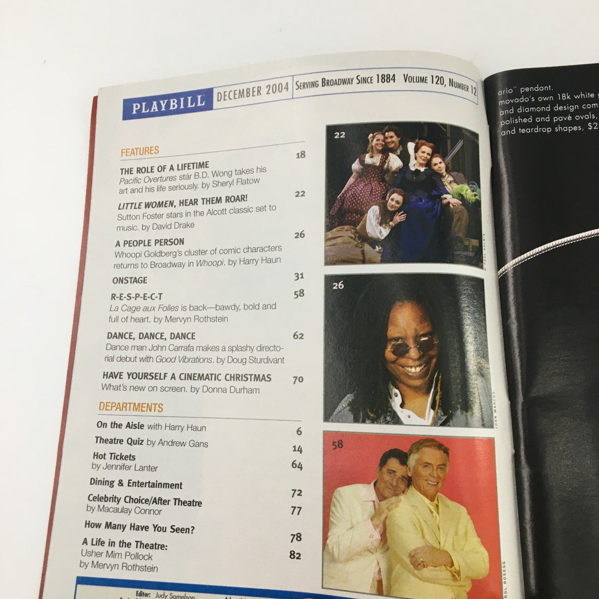 Inside page of the December 2004 Playbill displaying various articles, including features and listings related to Broadway performances.