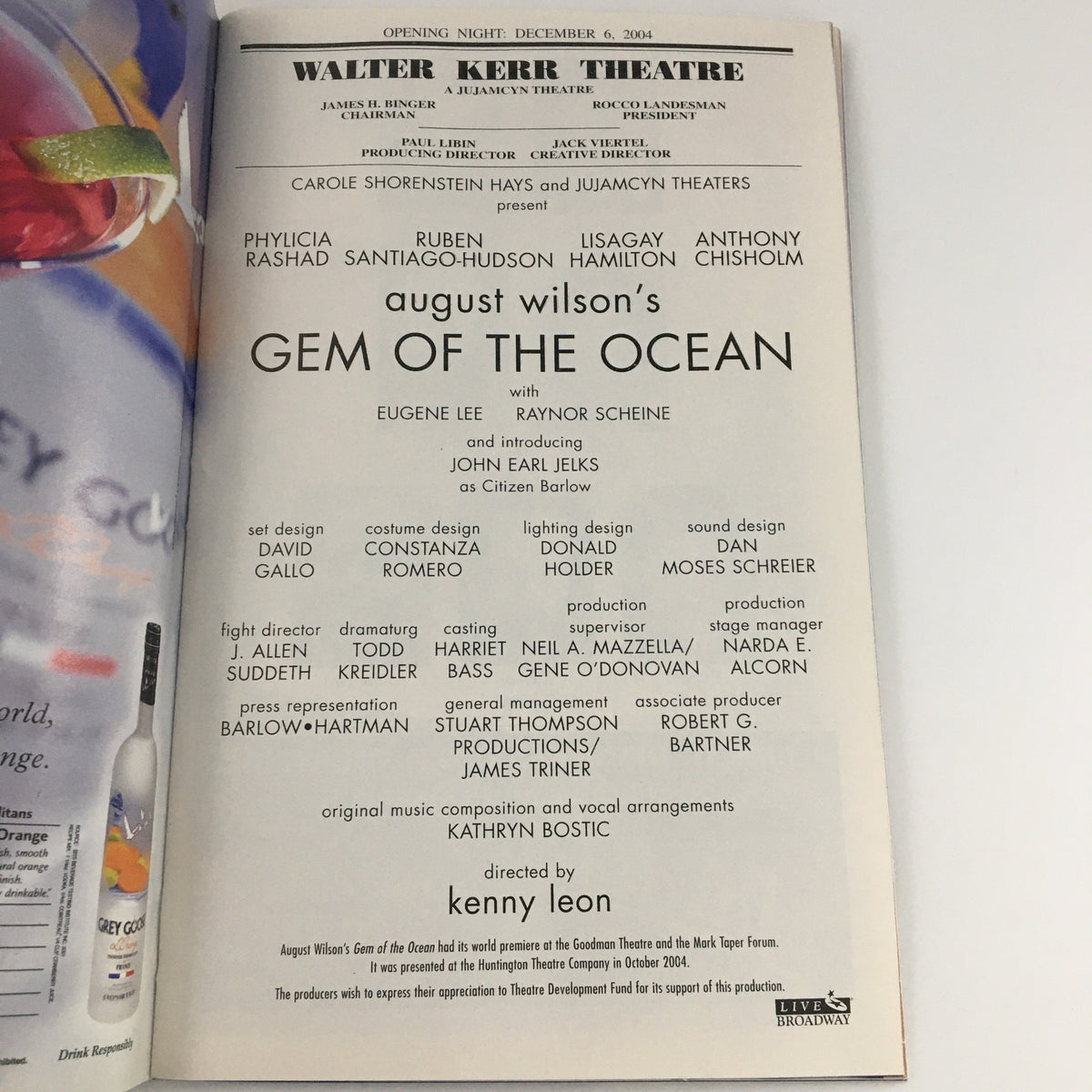 Inside page of the 2004 Playbill for 'August Wilson's Gem of the Ocean' at Walter Kerr Theatre, showcasing the cast list and production team.