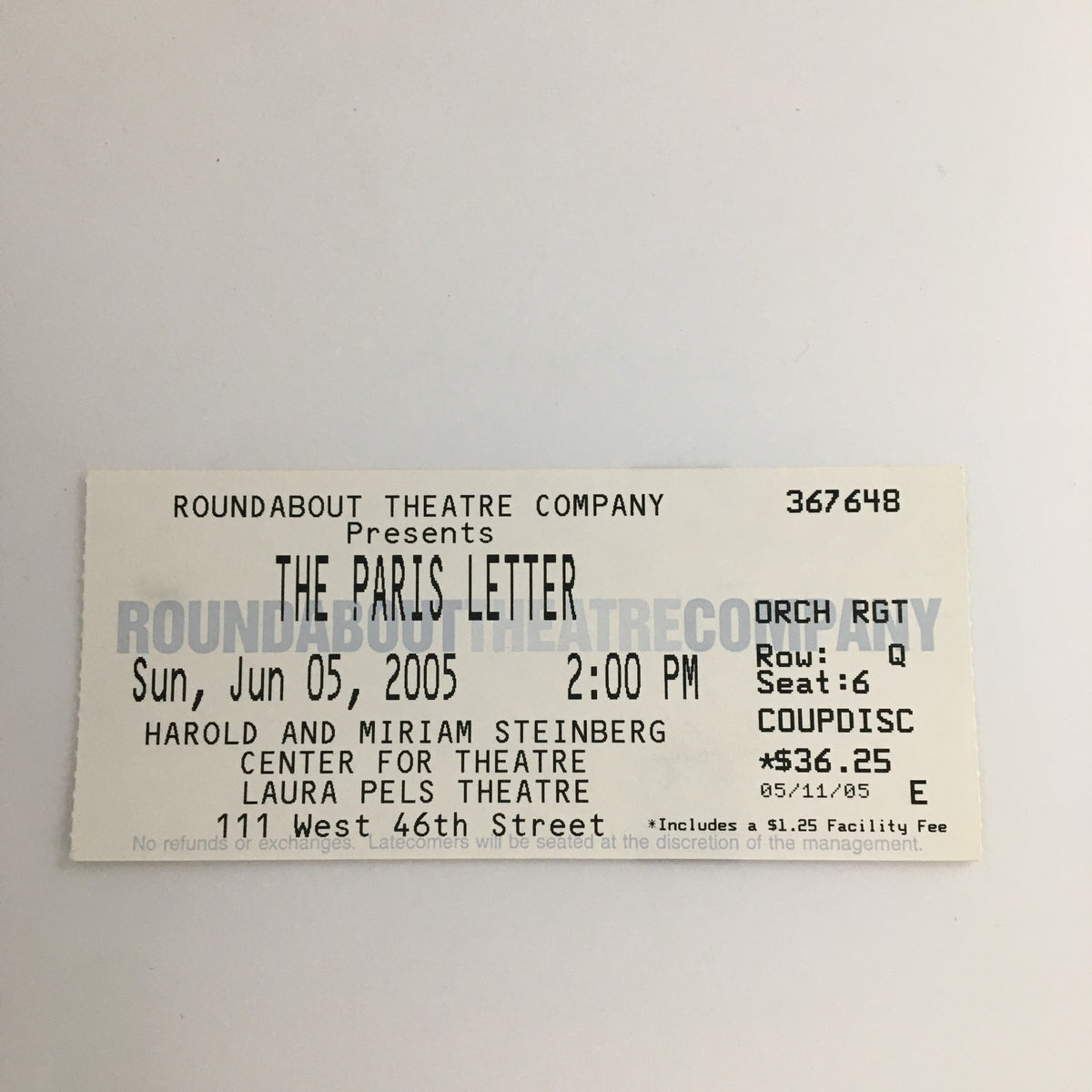 Original ticket for the 2005 Playbill of 'The Paris Letter' by Roundabout Theatre Company, featuring the date June 5, 2005, and details about the performance.