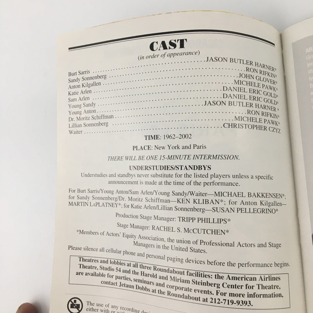 Cast list page from the 2005 Playbill of 'The Paris Letter', showing the cast in order of appearance, including Daniel Eric Gold and other actors.