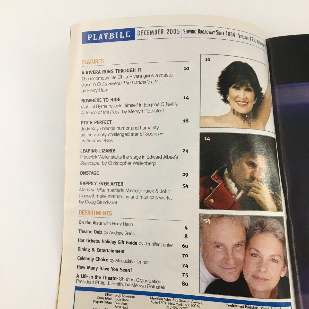 Inside page of the December 2005 Playbill showcasing features and articles related to Broadway.