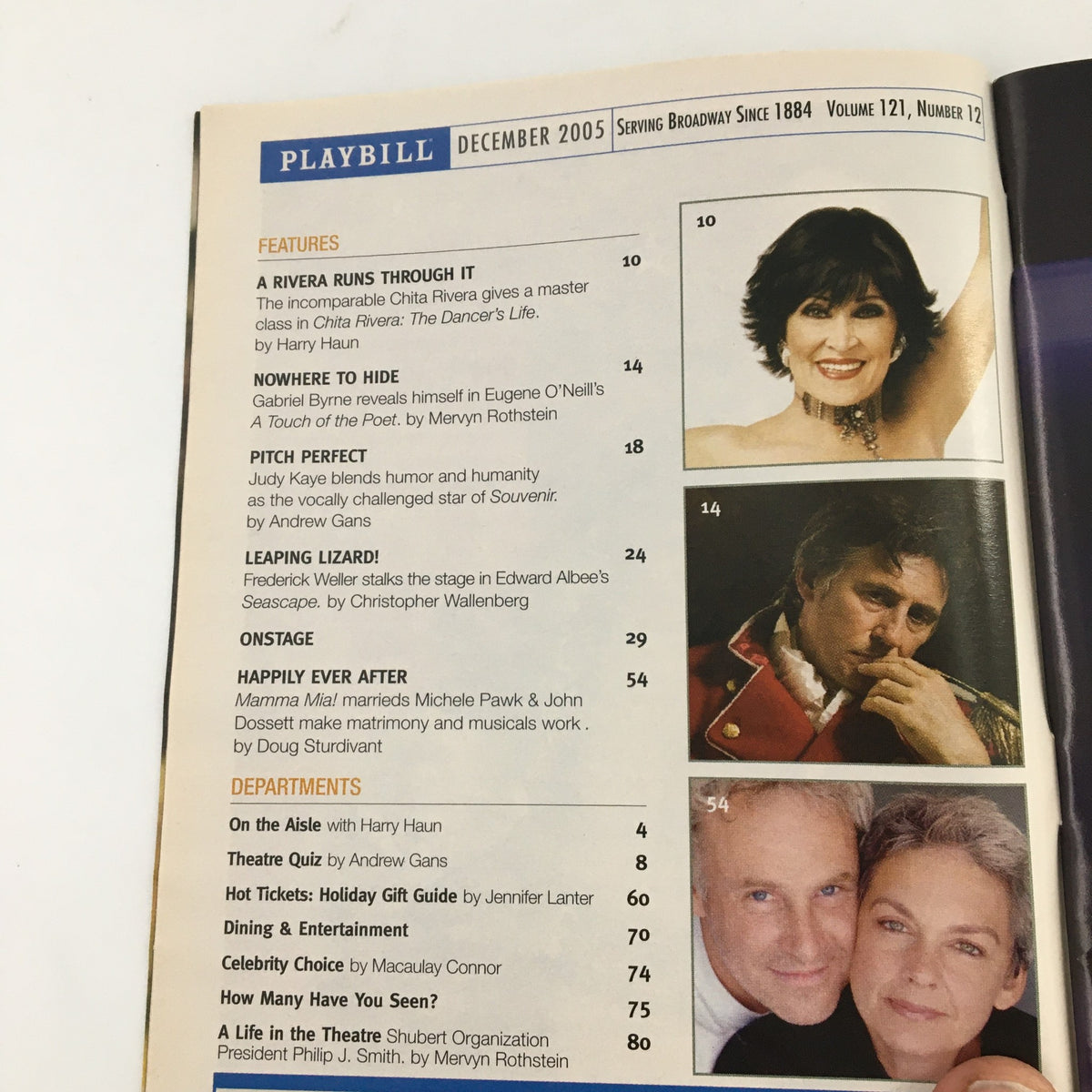 Interior page of the 2005 Playbill for 'A Touch of the Poet' featuring a list of articles and theatrical content including a highlight on Rita Rivera.