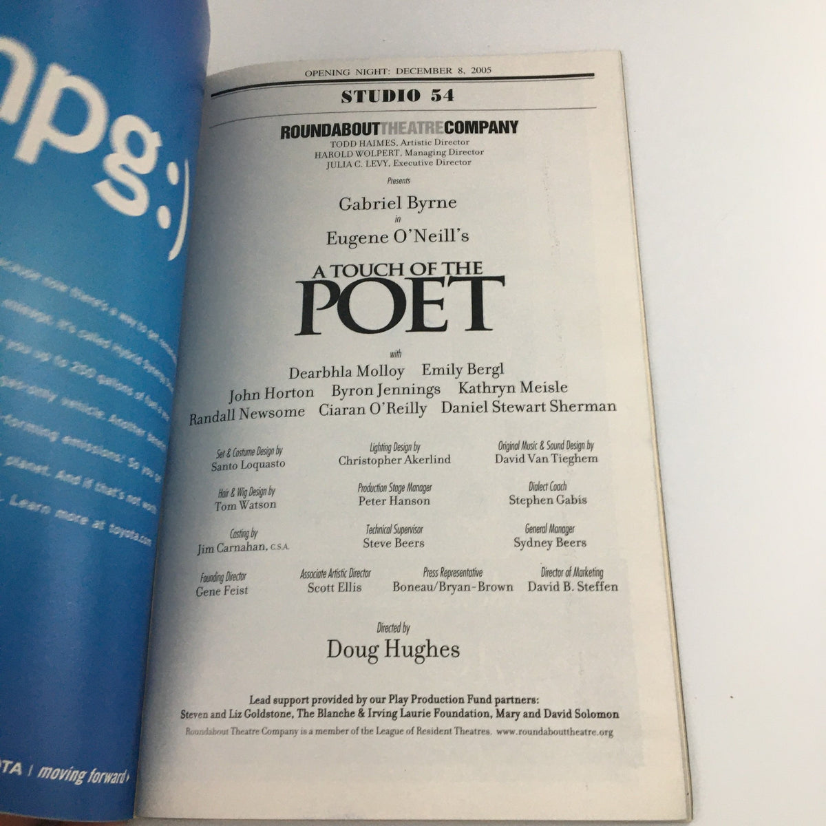 Opening night page of the 2005 Playbill for 'A Touch of the Poet' listing the cast including Dearbahla Molloy and Emily Bergl.