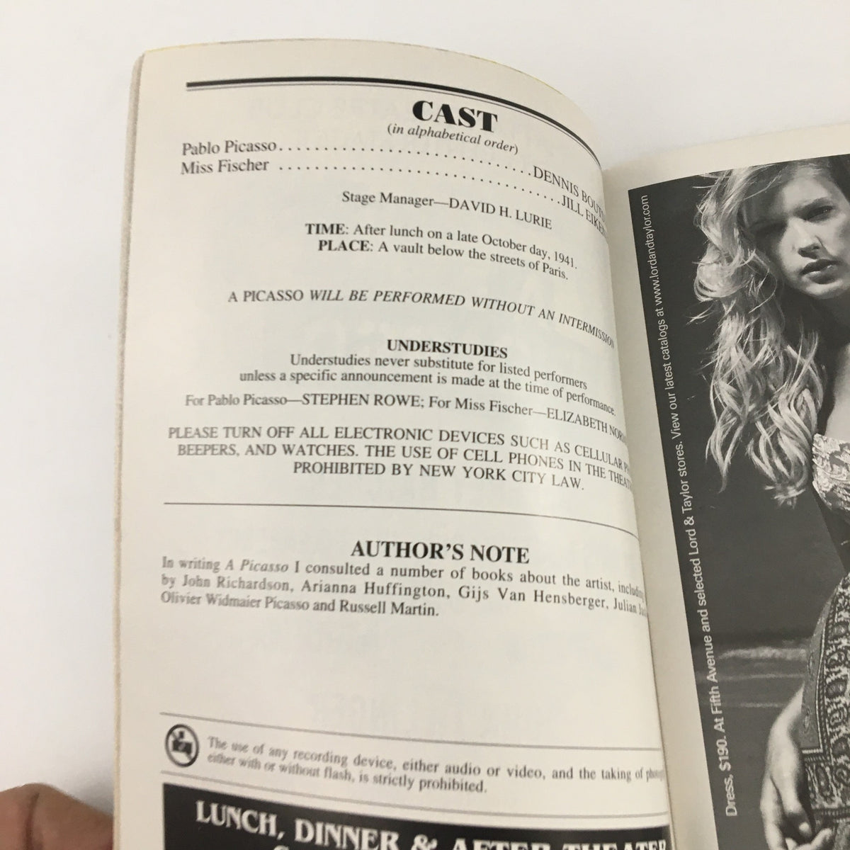 Inside view of the 2005 Playbill for 'A Picasso' featuring cast details and production credits from the Manhattan Theatre Club, highlighting the intriguing play by Jeffrey Hatcher.