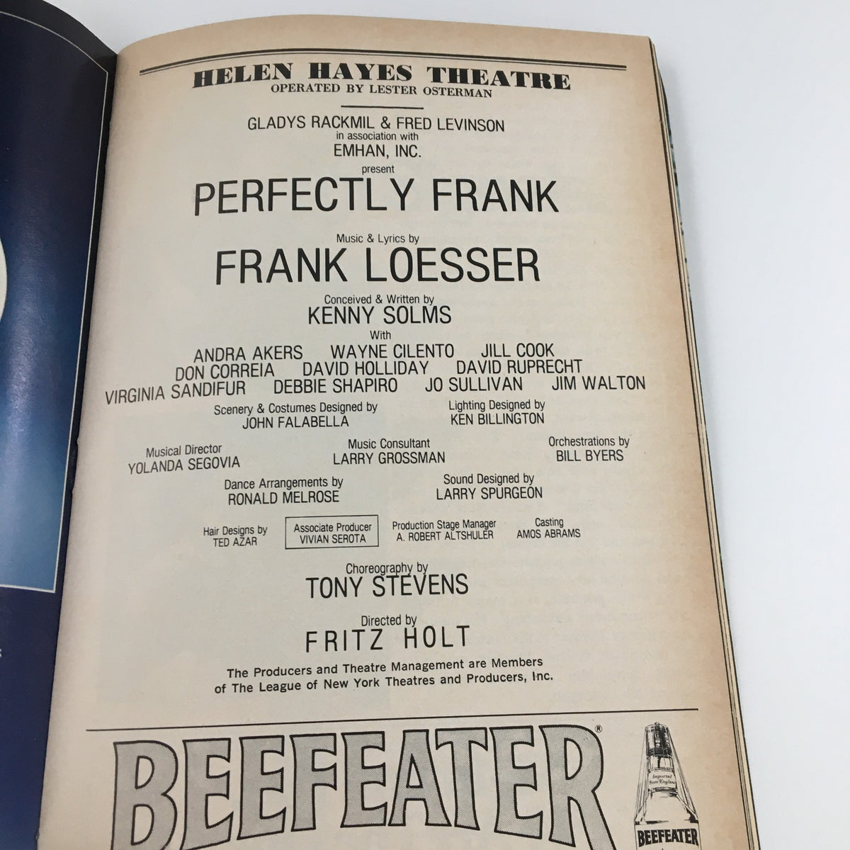 The cast and creative team listing of the musical 'Perfectly Frank' in the November 1980 Playbill at the Helen Hayes Theatre.