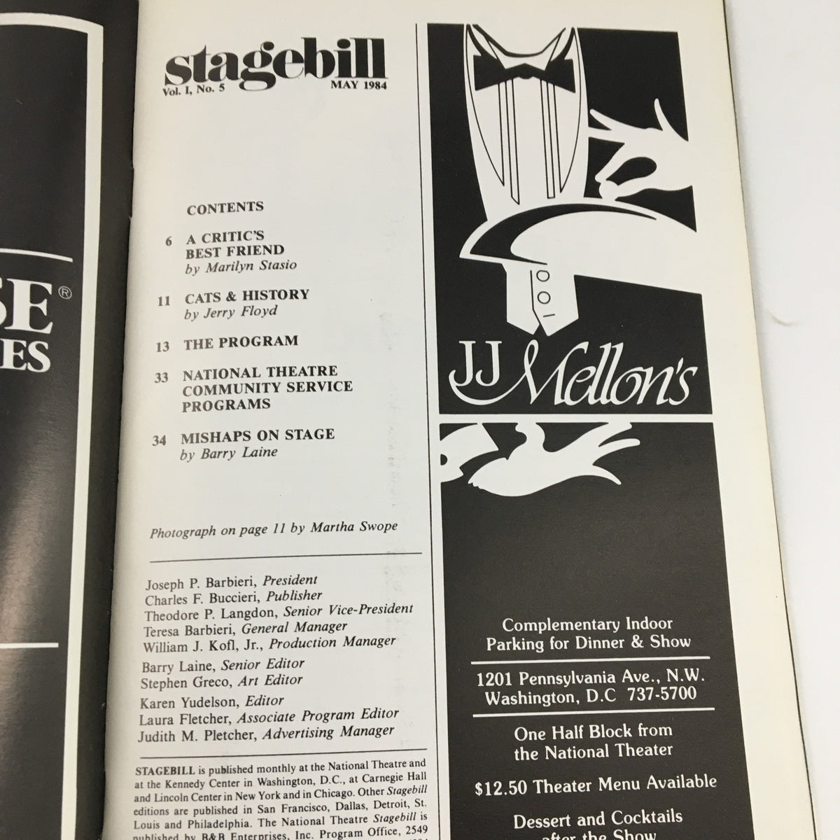 Interior page of the 1984 Stagebill for 'Cats,' showcasing contents, articles, and advertisements related to the National Theatre and the theatrical community.