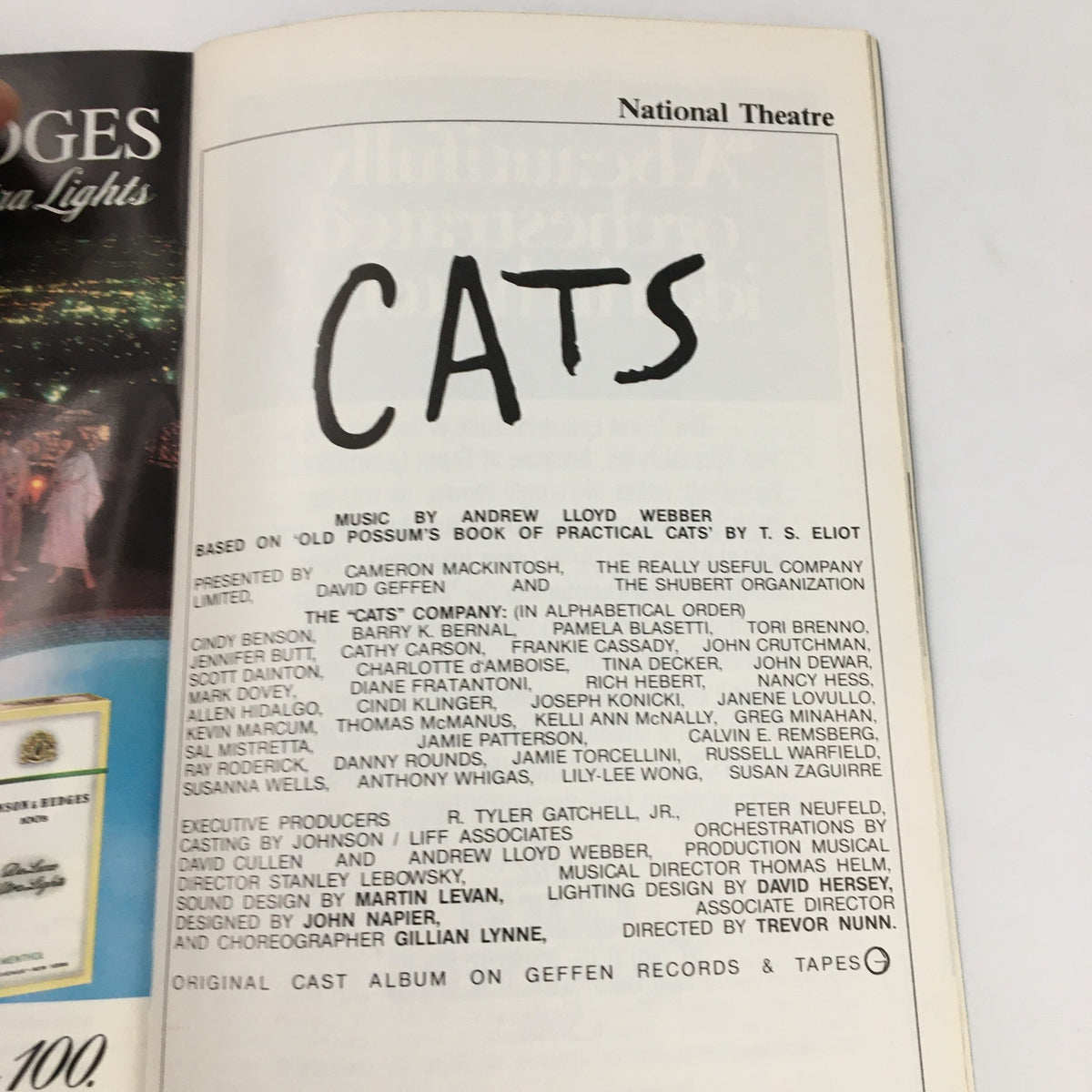 Interior page of the 1984 Stagebill for 'Cats' at the National Theatre, featuring the musical's title and details about the cast including Cindy Benson and Barry K. Bernal.