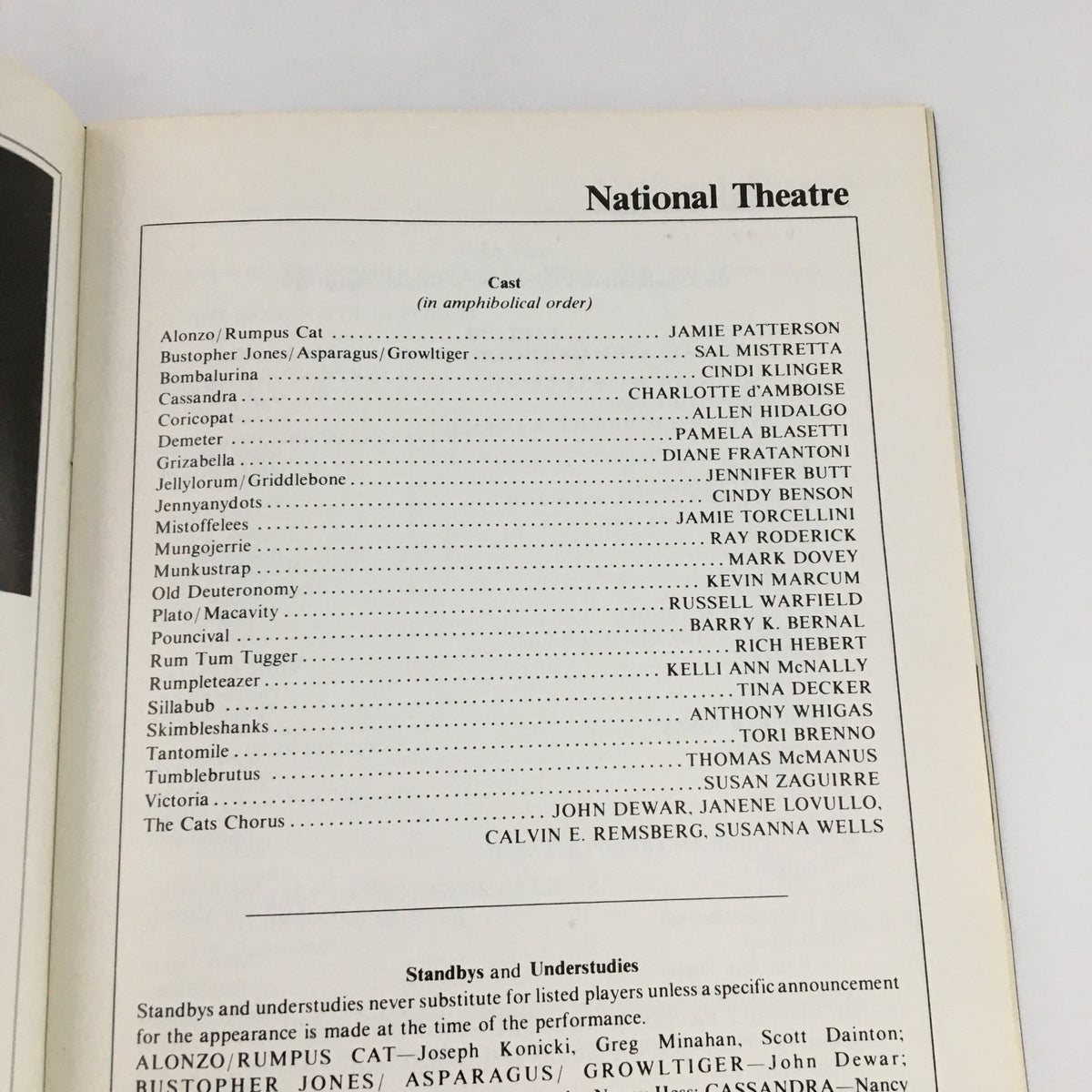 Another interior page of the 1984 Stagebill for 'Cats' at the National Theatre, displaying the cast list in alphabetical order, highlighting various performers including Cindy Benson and Barry K. Bernal.