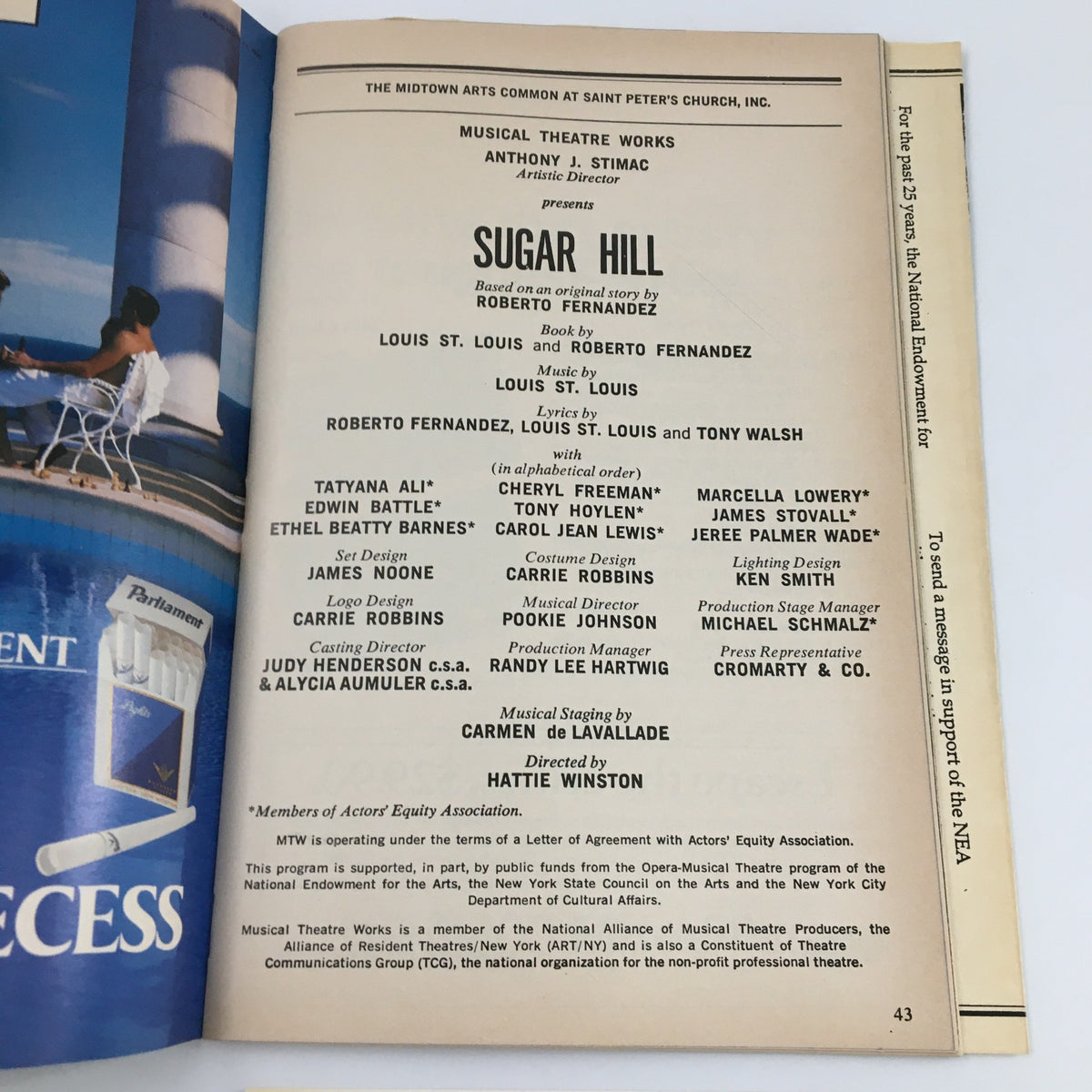 Details from the cast and production team of the 1990 Playbill for 'Sugar Hill', including notable names and creative contributors.