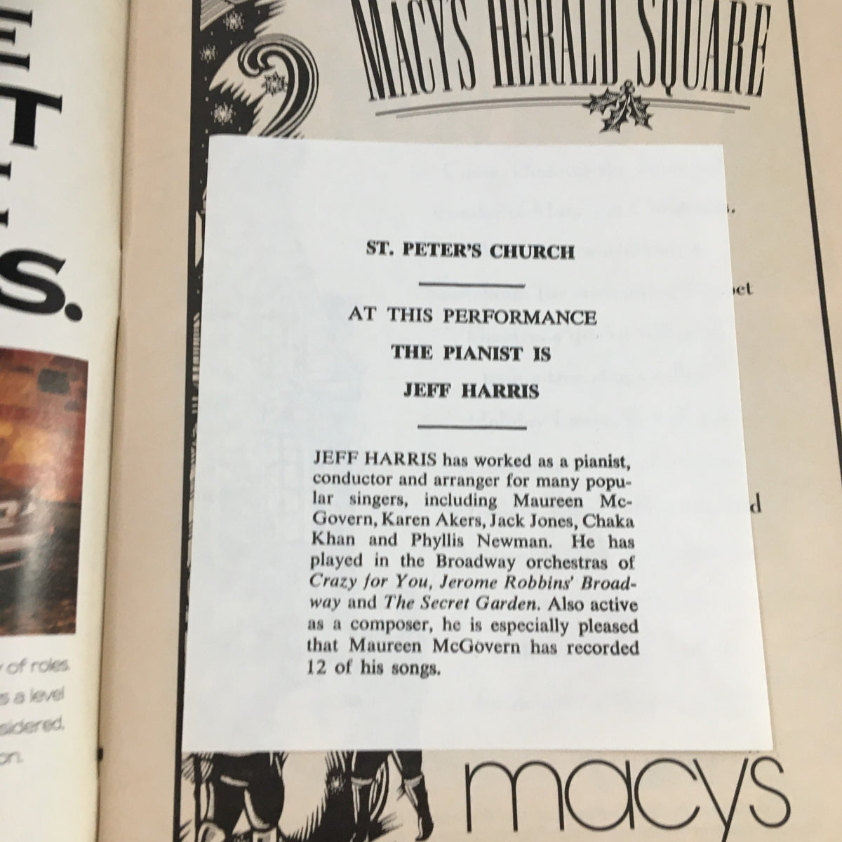 Inside page of the 1992 Playbill for 'Noel & Gertie,' featuring a note about the pianist Jeff Harris at St. Peter's Church.