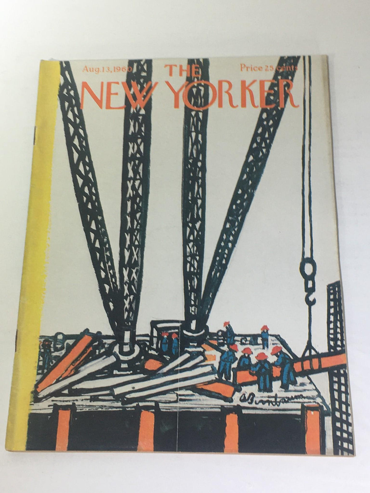 Cover of The New Yorker magazine dated August 13, 1960, featuring a thematic illustration by Abe Birnbaum showing construction workers on a building site with cranes and beams.