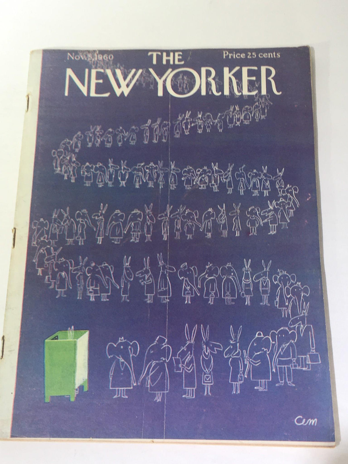 The New Yorker: November 5 1960 magazine cover featuring a whimsical illustration by Charles E. Martin, depicting a crowd of cartoon animals including elephants and rabbits in a humorous setting.