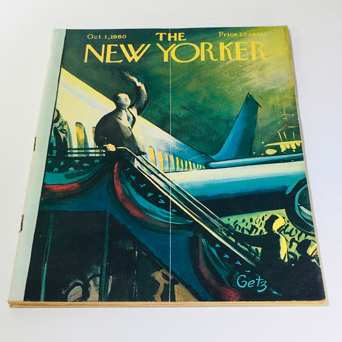 Cover image of The New Yorker magazine from October 1, 1960, featuring an artistic illustration by Arthur Getz, depicting a historical scene with a prominent figure and an airplane in the background.