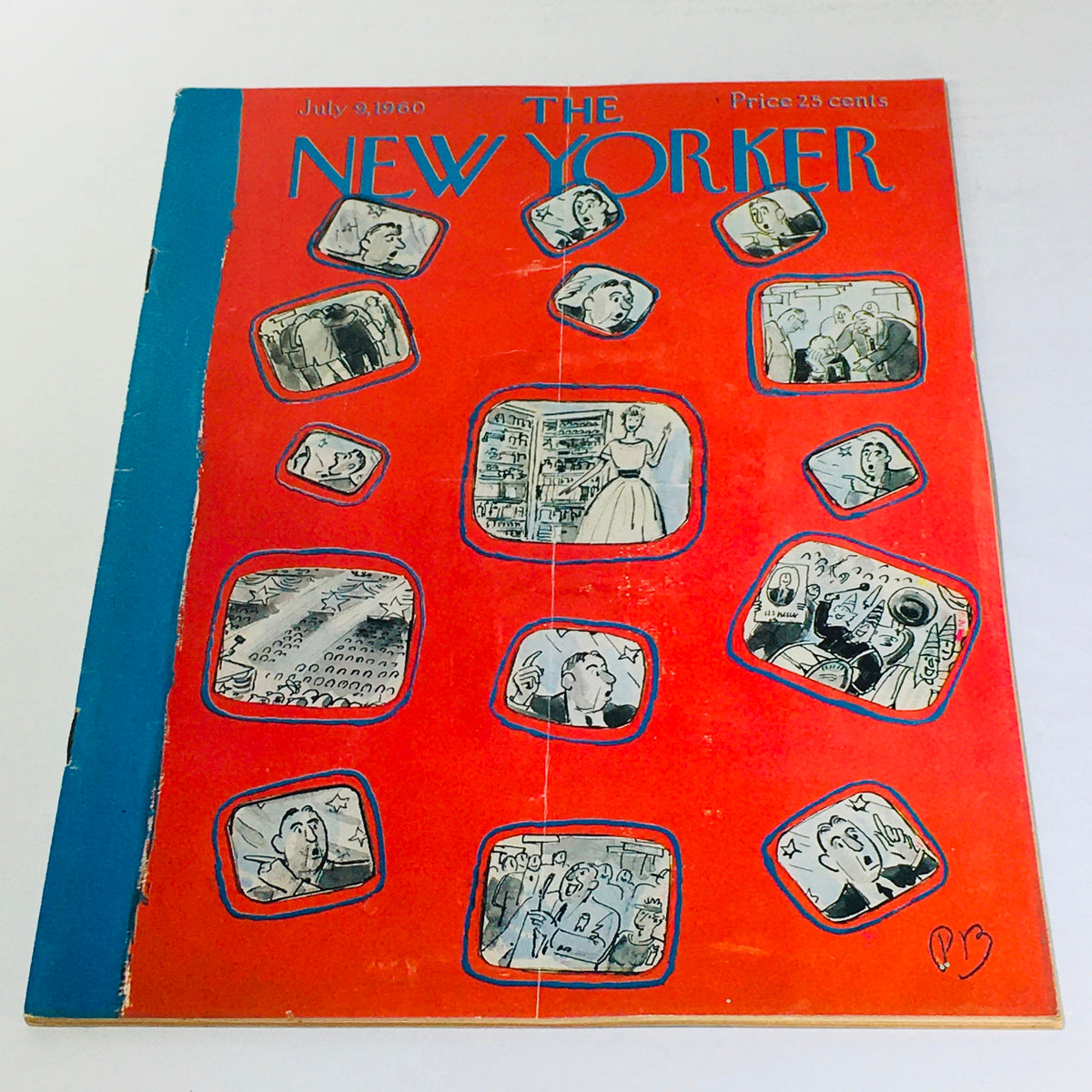 The New Yorker: July 9 1960 full magazine cover featuring a colorful theme design by Perry Barlow, showcasing various illustrated scenes framed in cut-out shapes against a vibrant red background.