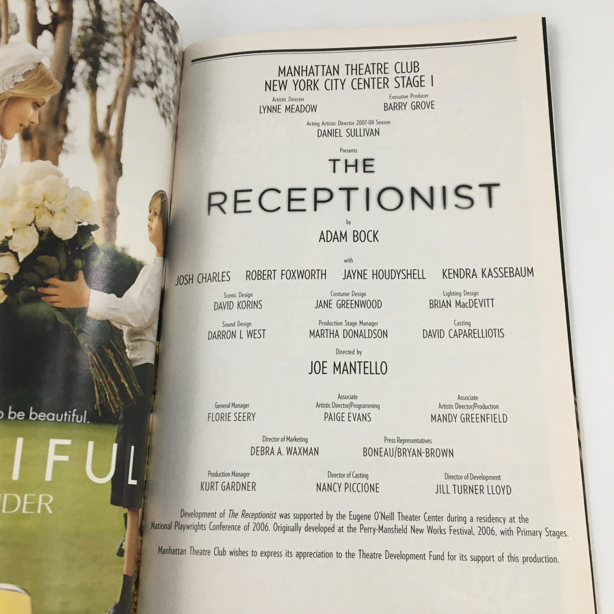 Inside page of the 2007 Playbill for 'The Receptionist' at City Center Stage I, listing cast and production details, including Josh Charles and Robert Foxworth.