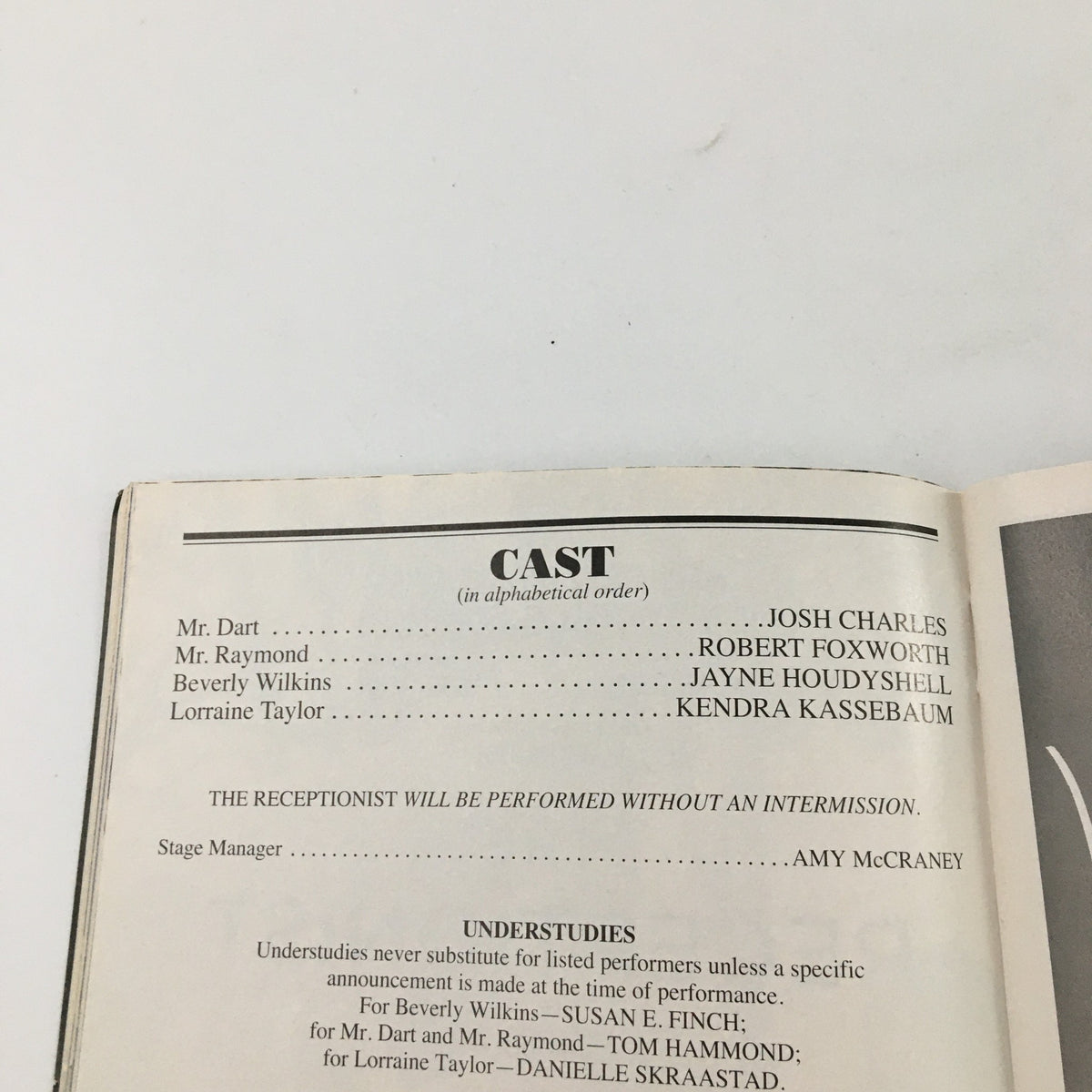 Inside view of the 2007 Playbill for 'The Receptionist' at City Center Stage, featuring cast names including Josh Charles and Robert Foxworth, in excellent condition.