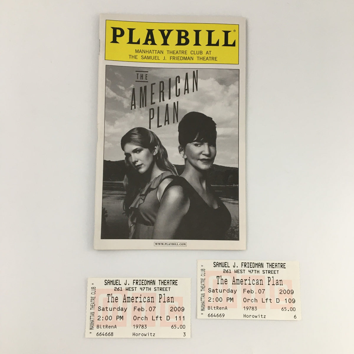 2009 Playbill for 'The American Plan' at the Samuel J. Friedman Theatre along with original performance tickets, showcasing memorable theater memorabilia.