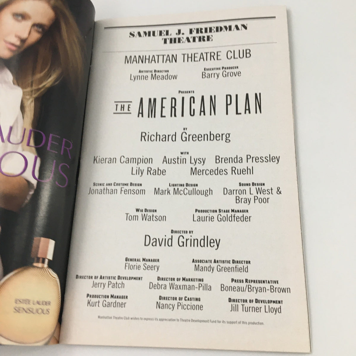 Title page of the Playbill for 'The American Plan' at Samuel J. Friedman Theatre, listing the cast and creative team of the 2009 production.