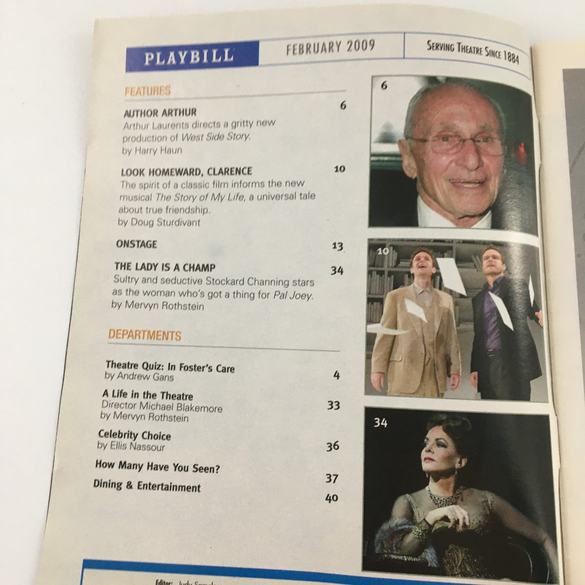 Inside page of the February 2009 Playbill highlighting features and articles related to theater, including a profile of Arthur Laurents.