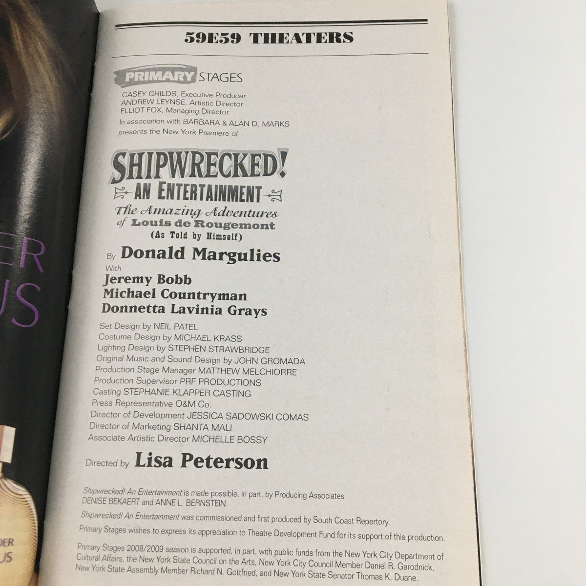 Details of the production 'Shipwrecked!' in the 2009 Playbill, listing cast members Jeremy Bob and Michael Countryman, and directing staff.