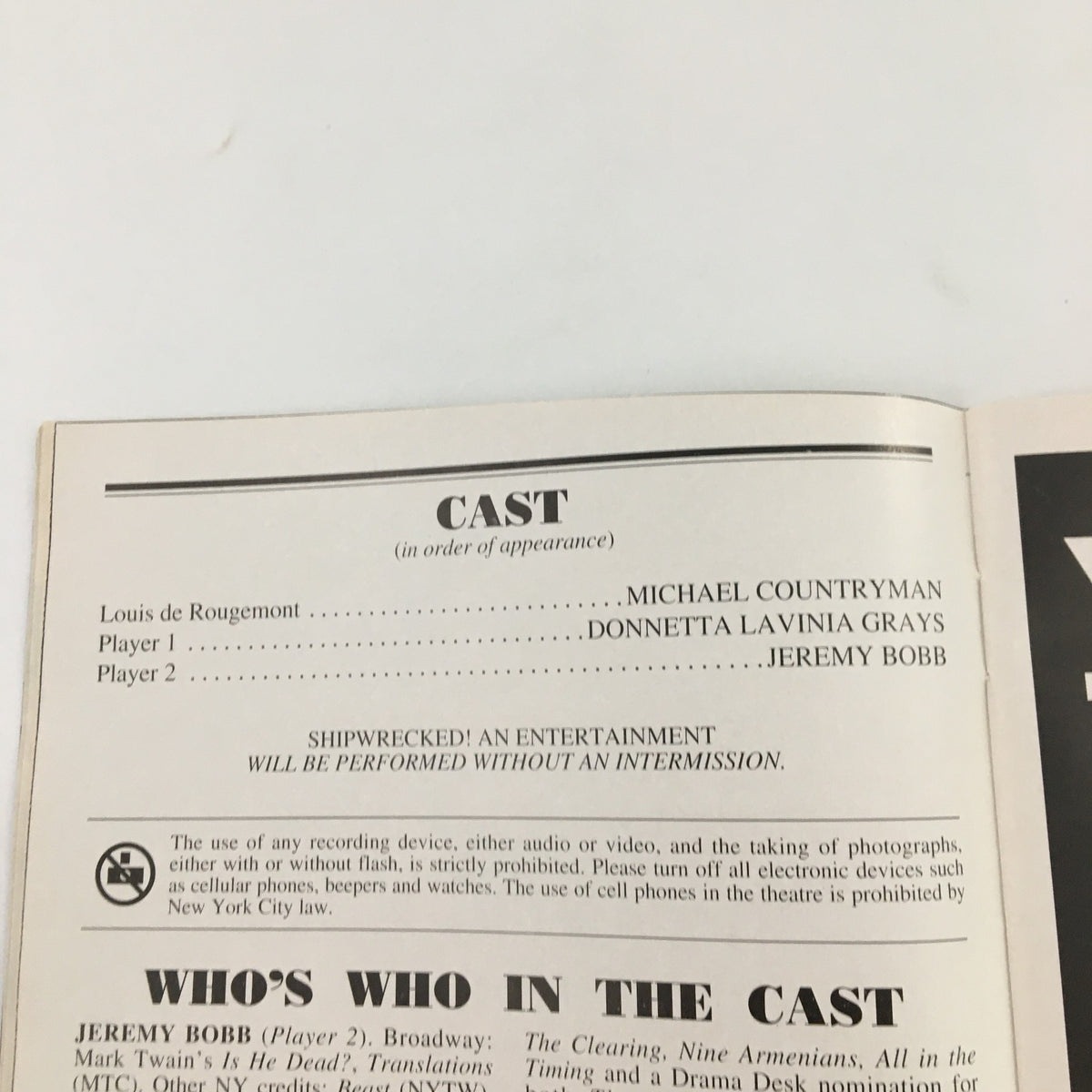 Cast list from the 2009 Playbill for 'Shipwrecked!', showing key performers including Jeremy Bob and Michael Countryman.