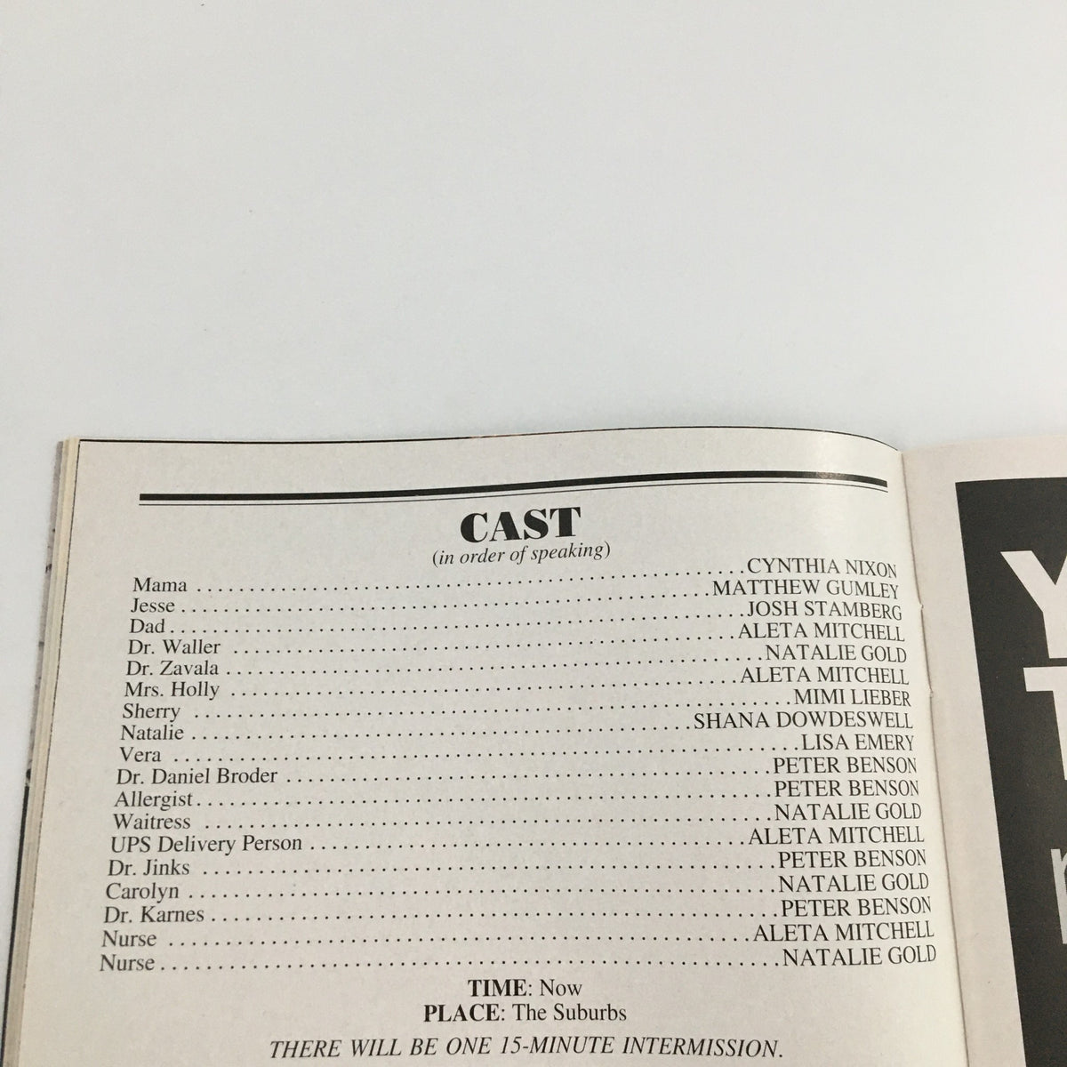 Cast list page from the 2009 Playbill for 'Distracted' by Roundabout Theatre Company, detailing characters and actors including Lisa Emery and Peter Benson.