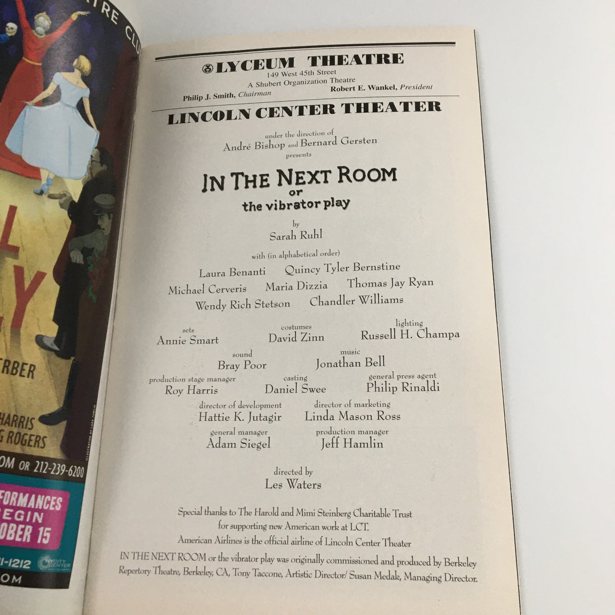 Credits page of the 2009 Playbill for 'In The Next Room or The Vibrator Play' highlighting the cast and crew of the performance.