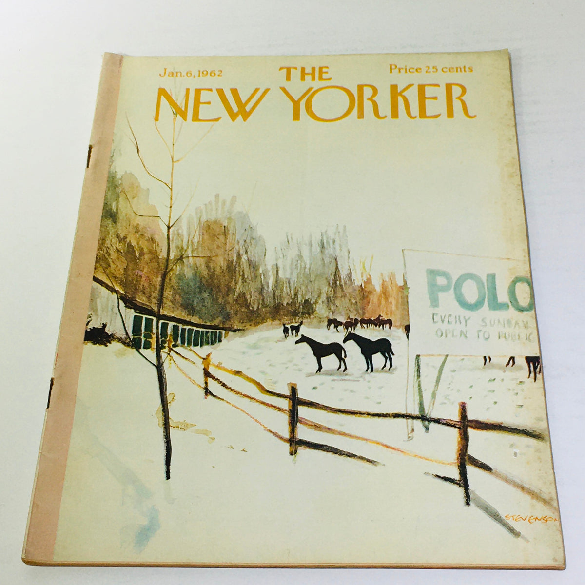 Cover of The New Yorker January 6, 1962 Full Magazine featuring a watercolor illustration by James Stevenson, depicting a snowy landscape with horses and a polo sign.