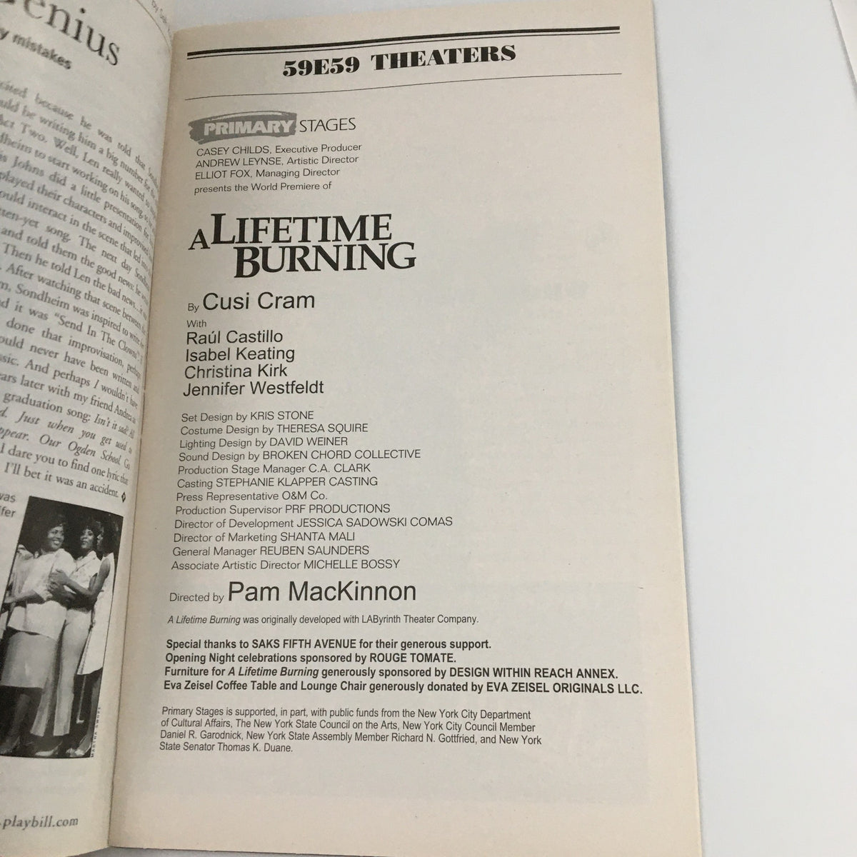 Credits page of the 2009 Playbill for 'A Lifetime Burning' at 59E59 Theaters listing the cast and crew involved in the production.