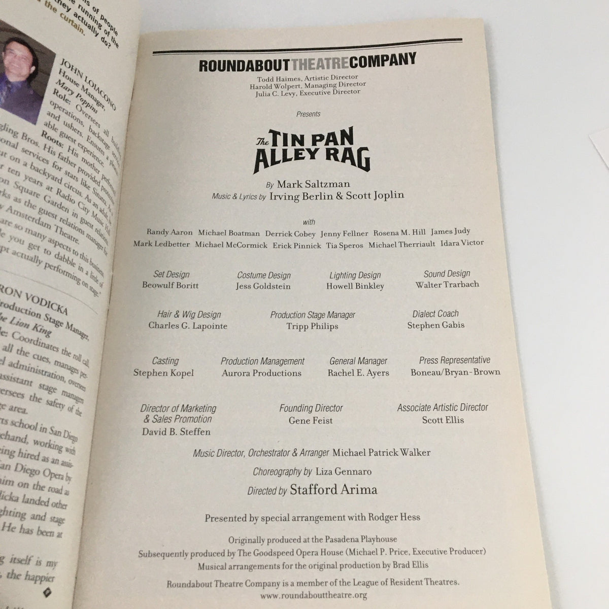 2009 Playbill for The Tin Pan Alley Rag - Randy Aaron, showcasing cast and crew listings under Roundabout Theater Company.