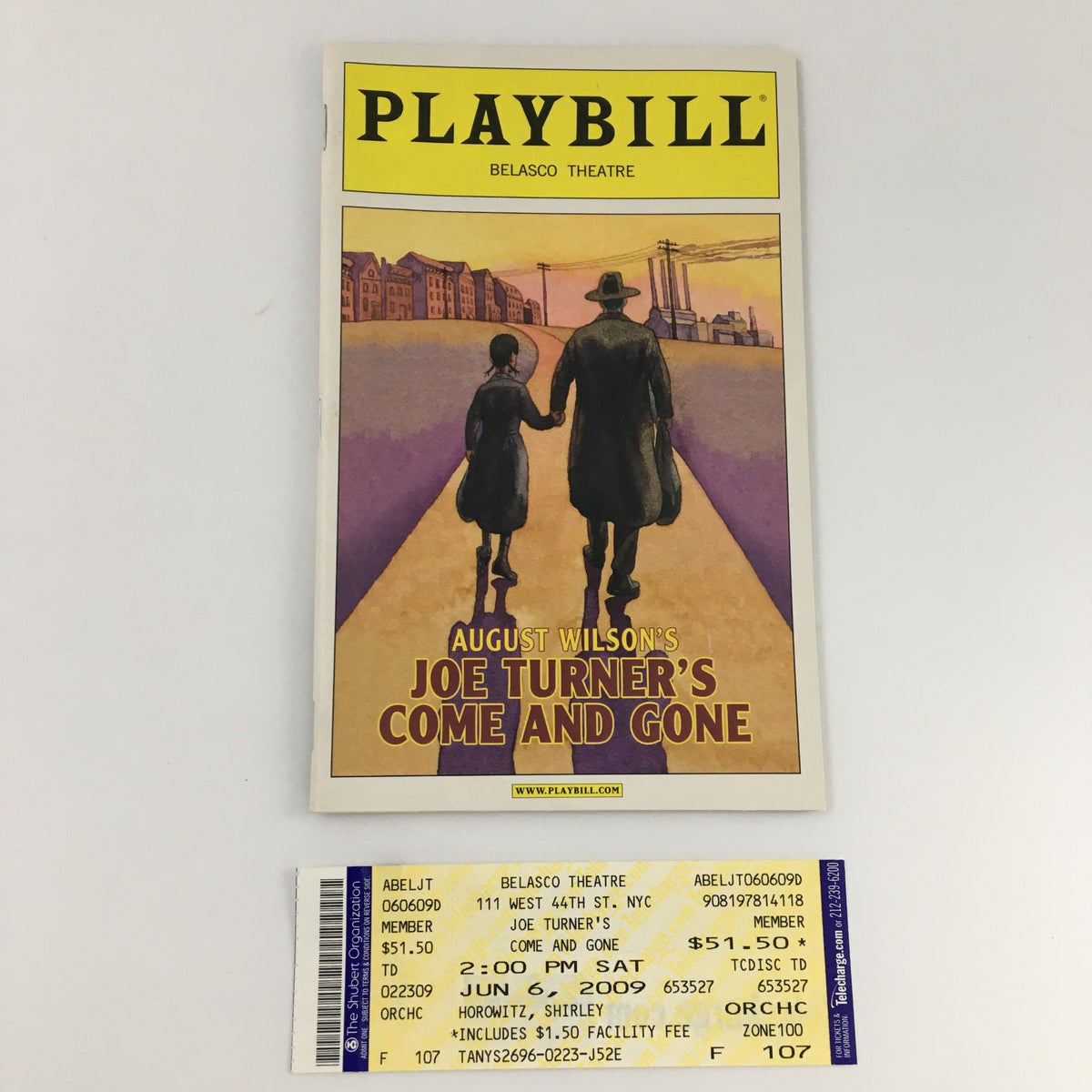 2009 Playbill for 'Joe Turner's Come and Gone' by August Wilson at the Belasco Theatre, alongside the original ticket from the performance dated June 6, 2009.