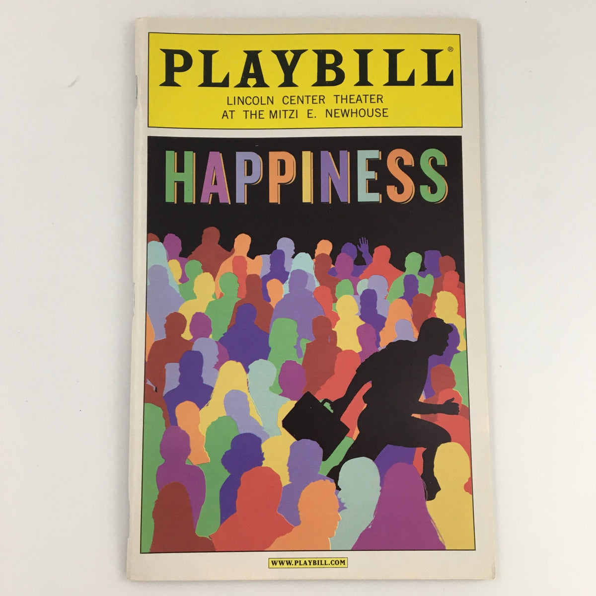2009 Playbill for the production 'Happiness' at the Mitzi E. Newhouse Theater, featuring colorful silhouettes representing a vibrant audience.