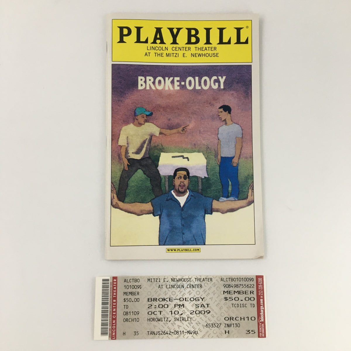 2009 Playbill for Broke-Ology along with the original ticket from the production at the Mitzi E. Newhouse Theater.