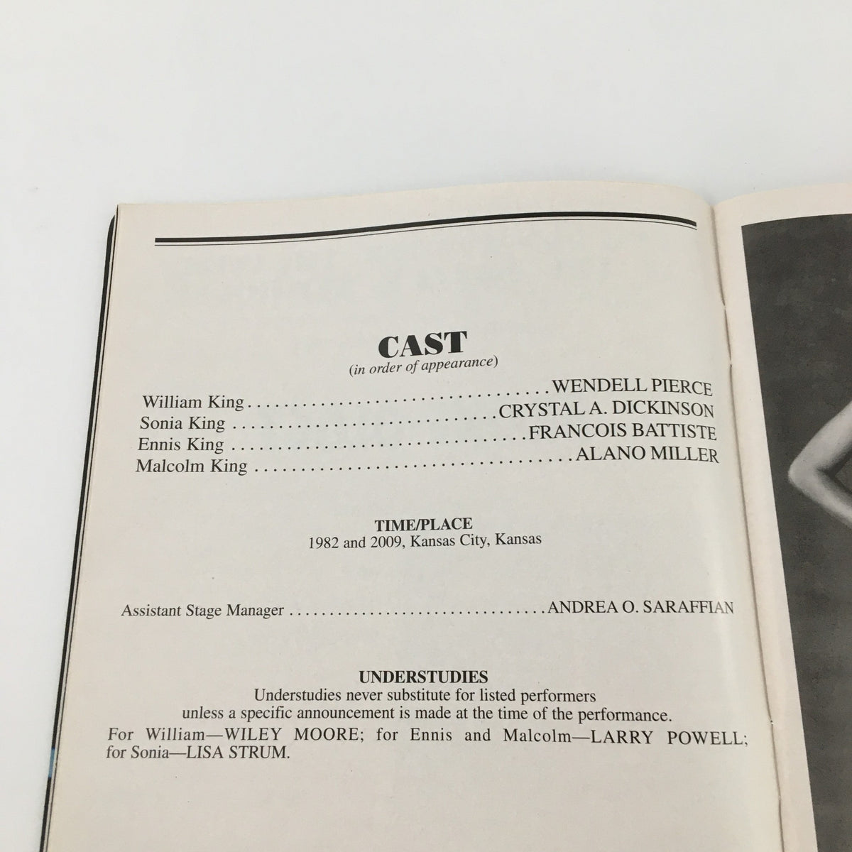 Interior page from the 2009 Playbill for 'Broke-Ology' at the Mitzi E. Newhouse Theater featuring the cast list including Francois Battiste.