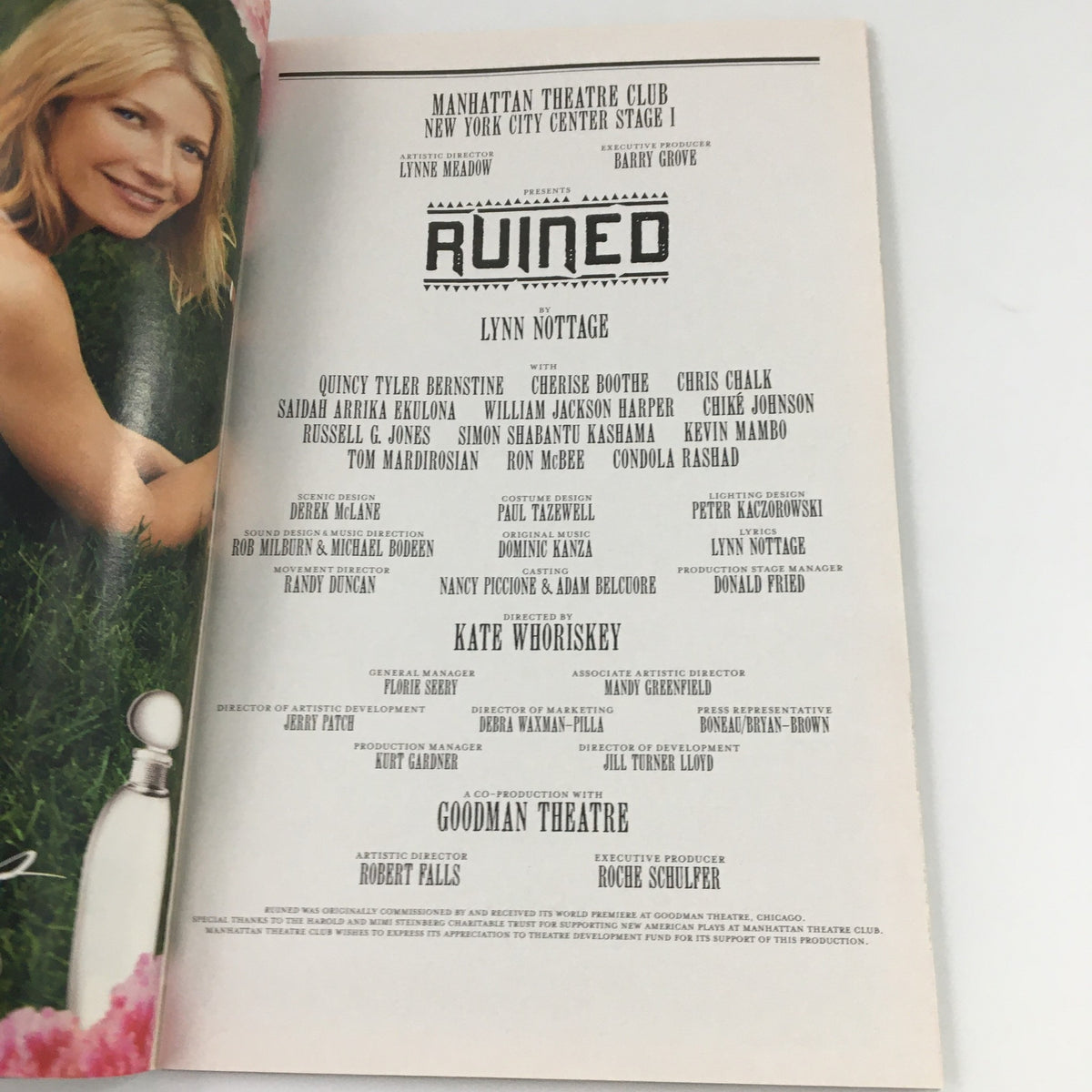 2009 Playbill for 'Ruined' at the Manhattan Theatre Club showing the cast list, including notable actors like Quincy Tyler Bernstine and Chris Chalk.