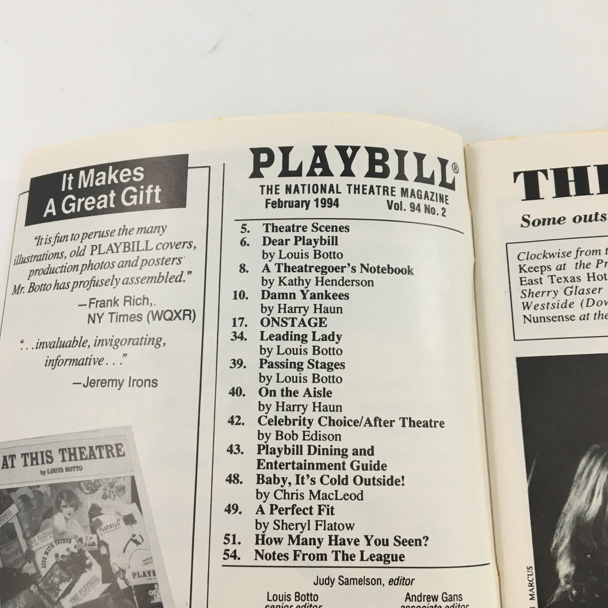 Inside view of the '94 Playbill from Manhattan Theatre Club, showcasing the magazine layout with sections and articles related to theater.