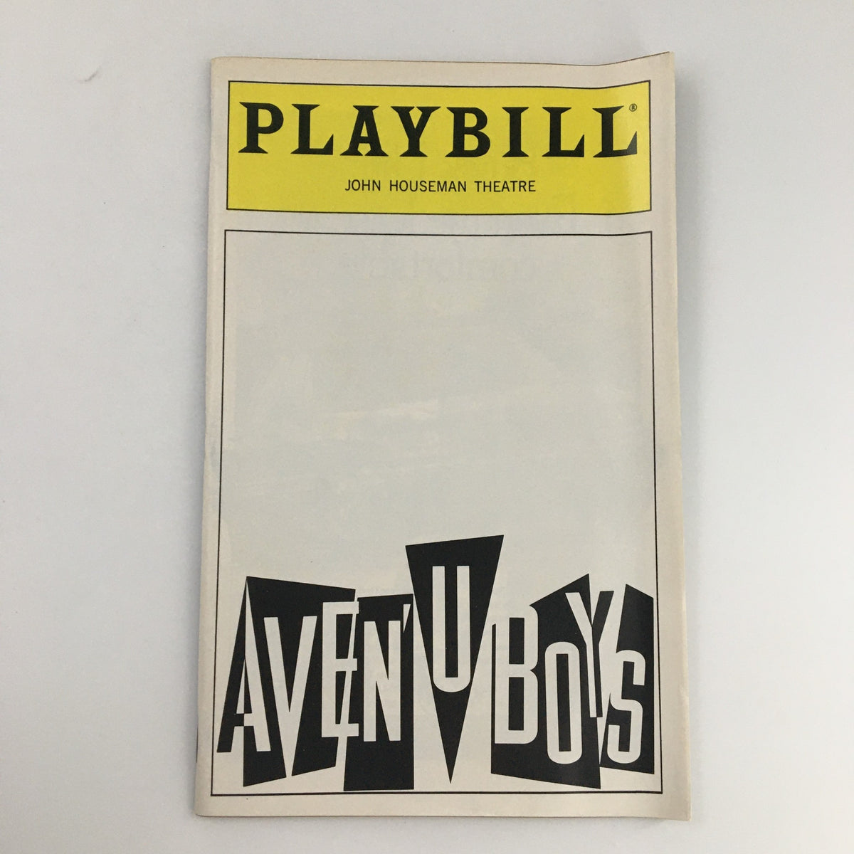 1993 Playbill for 'Avenu Boys' at John Houseman Theatre, showcasing the title on the cover with a vibrant yellow header.