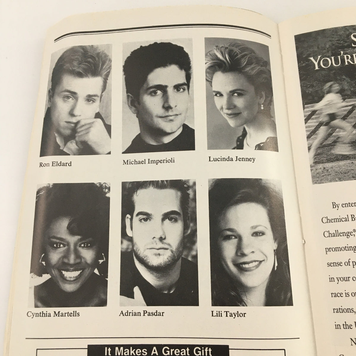 Image from the 1993 Playbill for 'Avenu Boys' at John Houseman Theatre, featuring actors Ron Eldard, Michael Imperioli, Lucinda Jenney, Cynthia Martells, Adrian Pasdar, and Lili Taylor.